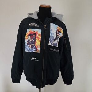 My Hero Academia Blue Anime Graphic Bomber Jacket with Grey Hood Size S